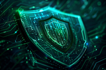 shield emblem adorned with intricate data patterns on a deep blue and green background, evoking the idea of safeguarding digital assets and information in technology security conce - obrazy, fototapety, plakaty