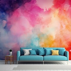 Modern living room, sofa, furniture, and pillows against colorful background wall, interior design