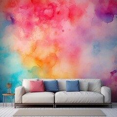 Modern living room, sofa, furniture, and pillows against colorful background wall, interior design