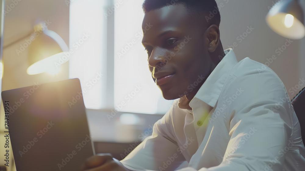Poster handsome black male office employee working on laptop computer millennial african american man freel