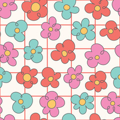 Retro 60s groovy psychedelic floral seamless pattern background. Cartoon hippie style bright flowers