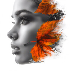 Portrait of beautiful young woman with autumn leaves in her hair.