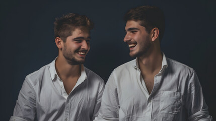 Sideways young two friends smiling happy cheerful fun cool men 20s wear white casual shirts talk speak together isolated plain dark royal navy blue background studio portrait People li : Generative AI
