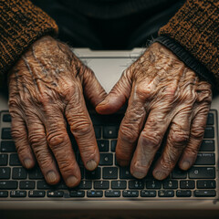 View of hands typing on laptop keyboard, facing the screen. AI generative adds depth to technology scene. - obrazy, fototapety, plakaty