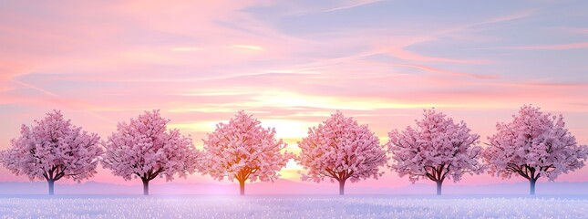 Panoramic view of cherry trees in bloom, pastel sunrise background, minimalistic,  - obrazy, fototapety, plakaty