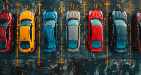 Above view of a warehouse reveals imported and exported cars neatly parked, illustrating the global automobile trade. AI generative techniques create a lifelike scene. - obrazy, fototapety, plakaty