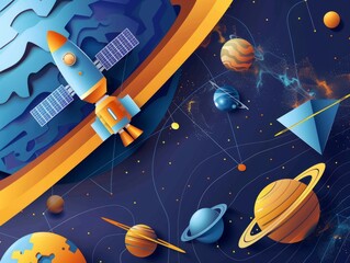 3D Effect Abstract Dimensions Space Poster, Spacecraft, Earth, Saturn, Martian Surface, Abstract Geometric Shapes Background 