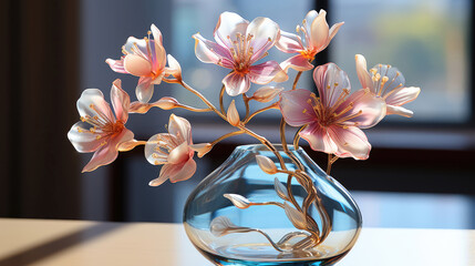 Beautiful delicate flower in a transparent vase. There are soft pink flowers in a transparent vase. Pastel exquisite sakura