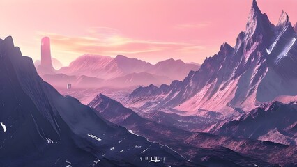 landscape of a mountain range with a digital overlay that adds futuristic cityscapes - obrazy, fototapety, plakaty