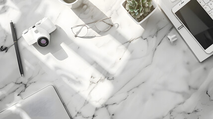 Minimal white marble office desk table with office supplies and smartphone Top view with copy space...