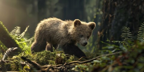 Detailed wildlife photo of a young brown bear exploring a sunlit forest, showcasing the natural habitat and wildlife - obrazy, fototapety, plakaty