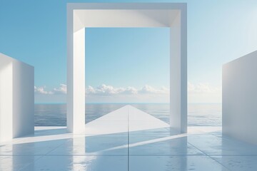 A minimalist white picture frame showcasing a minimalist 3D rendering of a minimalist white path leading towards a minimalist white horizon