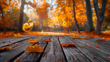 Naklejka na ściany i meble Wooden table in autumn park with fallen leaves and bokeh