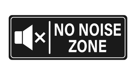 No noise zone, notice and information sign to hang on the door or wall, with symbol and text on black background.	Horizontal shape.