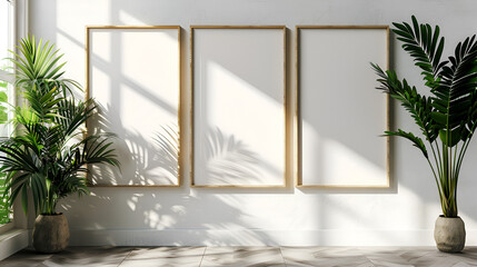Poster mockup with a green plant and wooden frames on white interior, generative Ai