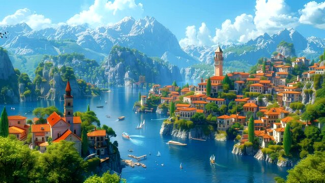 Cozy house by the river is beautiful at daytime. seamless looping 4k time-lapse animation video background