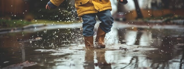 A child jumps in puddles. Selective focus.