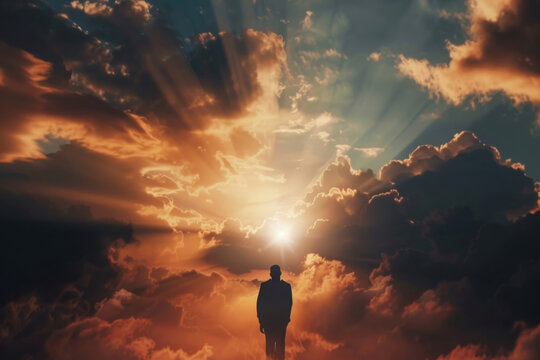 A small lonely figure of a man stands in the heaven in the clouds. Faith, religion god. Conversation with God. The righteous is on the true path. Hope