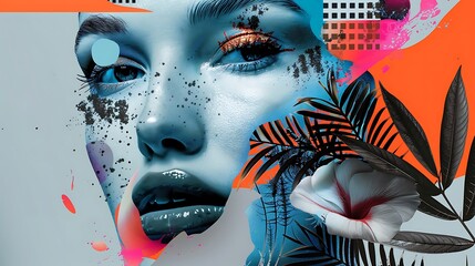 Beautiful woman face with tropical leaves and flowers. Contemporary collage.