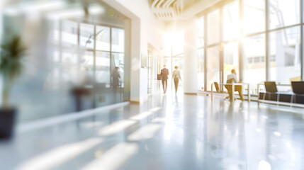 Abstract blurred interior modern office space with business people working banner background with copy space : Generative AI