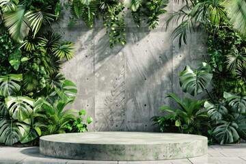 Blank Stone Podium for Product Display with Tropical Forest Plant Leaves, Natural Green Background
