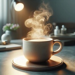 モダンな部屋のテーブルの上にある暖かい飲み物のマグカップ