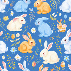 Fototapeta na wymiar Easter pattern with easter bunny, easter eggs and flower 