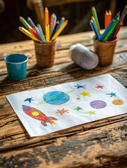 A wooden table with a childs drawing on white paper depicting a spooky ghost in a dark