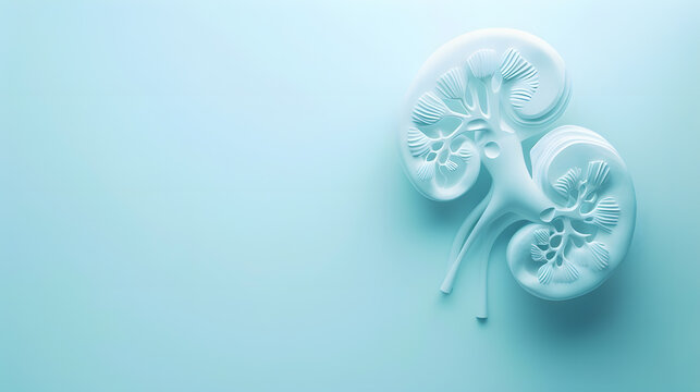 Human kidneys decorative model on pastel blue background Chronic kidney disease kidney stones Nephrology concept Top view copy space : Generative AI