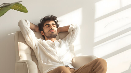 Calm young Arab man relaxing in armchair against white studio wall copy space Handsome middle Eastern guy enjoying peaceful weekend morning resting with hands behind head : Generative AI