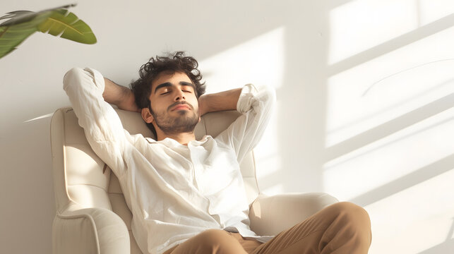 Calm young Arab man relaxing in armchair against white studio wall copy space Handsome middle Eastern guy enjoying peaceful weekend morning resting with hands behind head : Generative AI