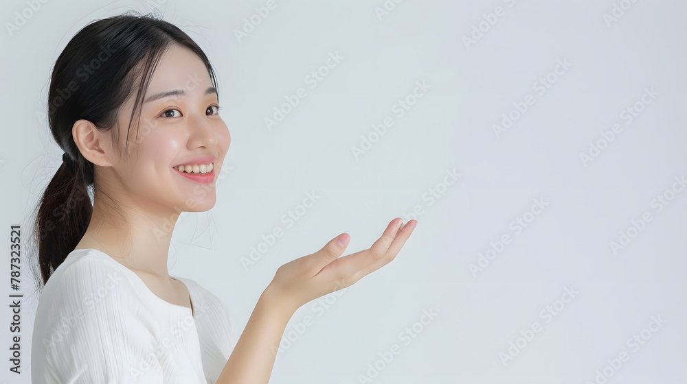 Poster happy asian woman presenting or showing open hand palm with copy space for product on white backgrou