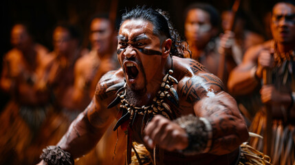 Fototapeta na wymiar Powerful Maori Haka Dance Performance, generative Ai