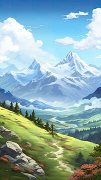 Majestic mountain peak landscape background. Beautiful sunset or sunrise view with snowy summit, blue sky, and green mountains