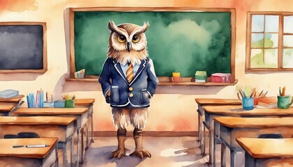 cartoon owl is standing in front of a green chalkboard in a classroom