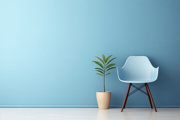 Modern Home Interior Design with Chair and House Plant Tree Bathed in Sunlight, Blue Wall Gradient Background