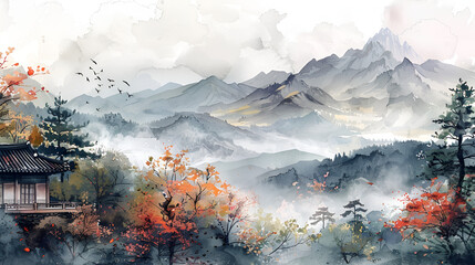 Pretty Korea mountains pine trees hanok rural natural scene, generative Ai