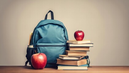 A blue backpack with red apple and several books on top of it