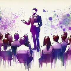 A man is giving a speech to large audience - obrazy, fototapety, plakaty