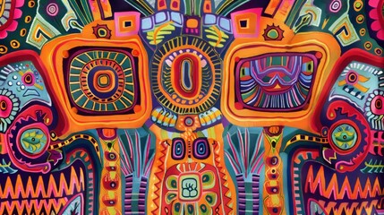 colorful molas pattern, several layers of different-coloured cloth are sewn together, background, 16:9 - obrazy, fototapety, plakaty