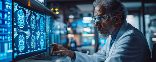 Doctor analyzes virtual brain scan results on AI interface, innovative medical technology for neuroscience diagnosis in futuristic lab setting