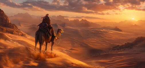 A lone camel rider in traditional attire overlooking a vast desert as the sun sets behind dunes, evoking adventure and serenity - obrazy, fototapety, plakaty