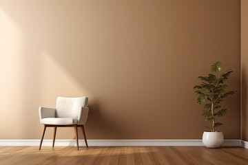 Modern Home Interior Design with Chair and House Plant Tree Bathed in Sunlight, Brown Wall Gradient Background