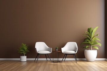 Modern Home Interior Design with Chair and House Plant Tree Bathed in Sunlight, Brown Wall Gradient Background