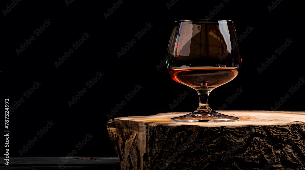 Poster snifter of brandy on a old wooden snag black background with copy space selective focus : generative