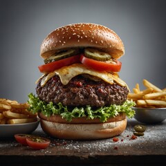 Deluxe burger with white background - obrazy, fototapety, plakaty