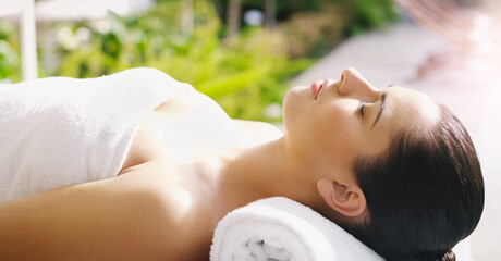 Beauty, salon and woman relax at spa for massage, facial treatment and luxury pamper. Aesthetic,...