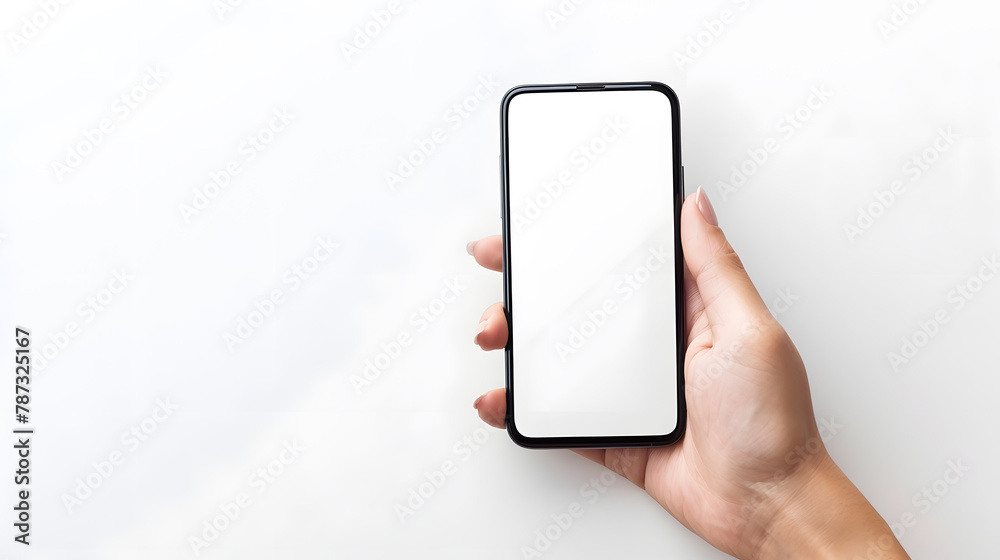 Poster woman hand holding smartphone with blank white screen phone isolated on white background for mockup 