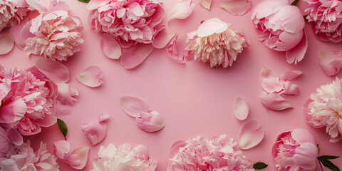 Photo of pink peonies on a pink background, in a flat lay with copy space.
