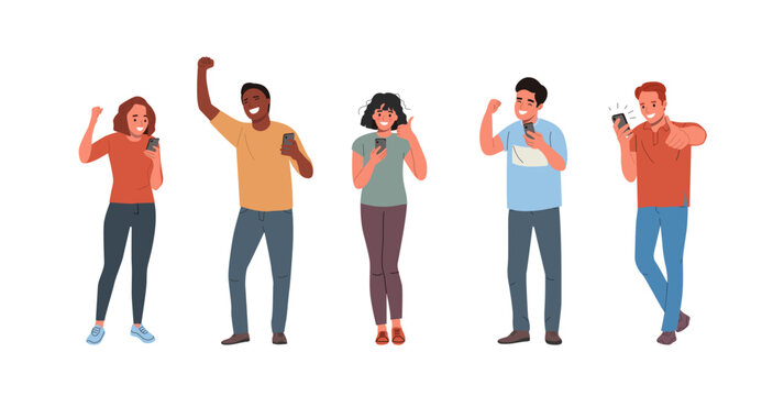 Young man and woman looking in the smartphone  shows a positive gesture. Flat style cartoon vector illustration.